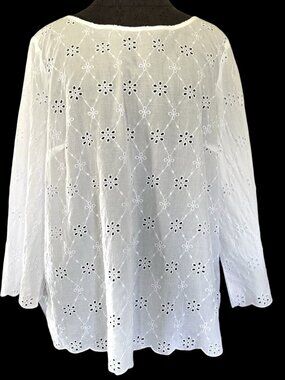 Liz Claiborne Peasant Blouse L White Eyelet Scalloped Granola Hippie NWT Boho